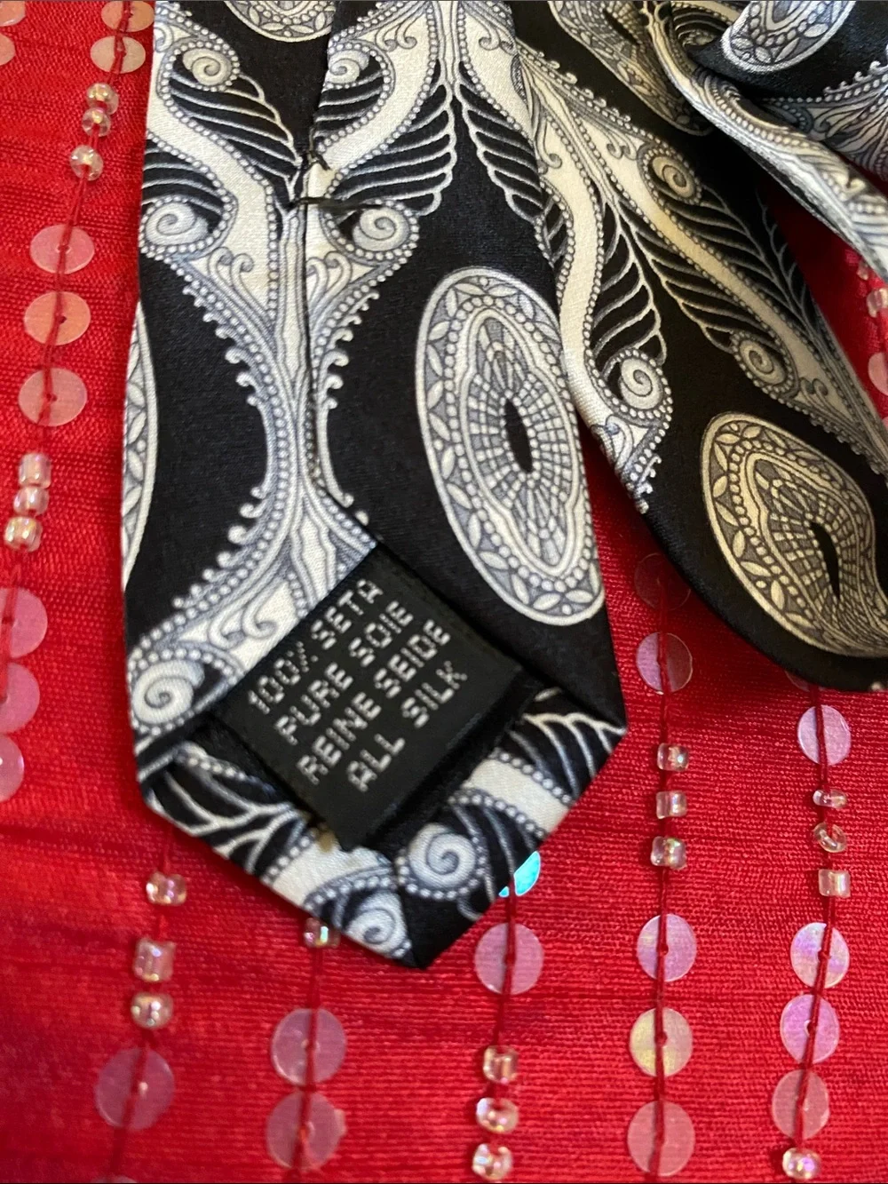 💯 Silk Hand Made In Italy 🇮🇹 Stunning Black White Versace Style Print Rare Tie